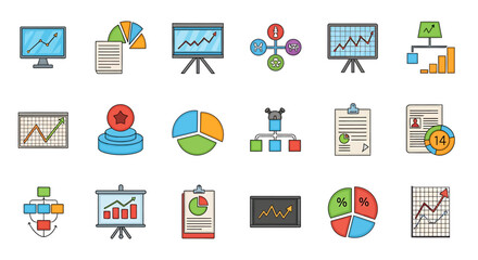 Vector Icons Set of A collection of colorful cartoonstyle icons for business analytics featuring graphs charts and diagrams for data visualization and strategic planning. EPS Editable