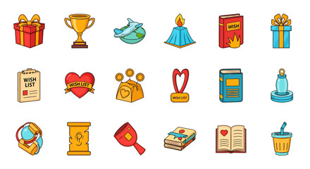 Vector Icons Set of A colorful cartoon icon set featuring various wish list items and symbols of desire including gifts trophies books and travel arranged in a grid collection. EPS Editable