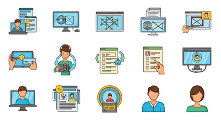 Fototapeta premium Vector Icons Set of A colorful cartoon icon set for business and technology concepts This collection features user profiles online communication and web interface elements with bol. EPS Editable