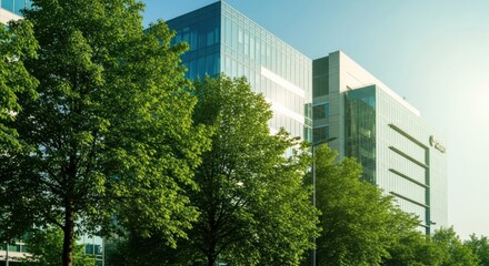 Fototapeta premium A corporate office building surrounded by green foliage, representing green business initiatives and a sustainable workplace.