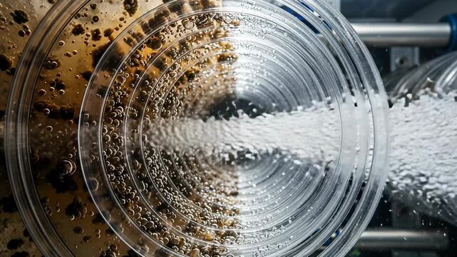 Reverse osmosis filtration process with transparent membranes showcasing clean water and impurity separation