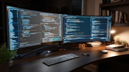 Two curved monitors displaying code at a programmer's desk.