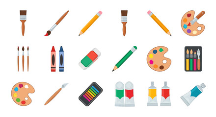 Vector Icons Set of A colorful collection of art supplies for painting and drawing including brushes pencils crayons and paint palettes. EPS Editable