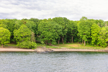 Tranquil shoreline scene with lush greenery meeting the calm water. Coastal parkland in Norway...