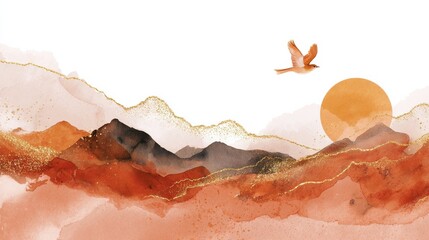 Abstract watercolor background vector. Luxury wallpaper with paint brush and gold line art. Mountain landscape, bird, sun, earth tone watercolor illustration for wall art, cover and invitation cards.