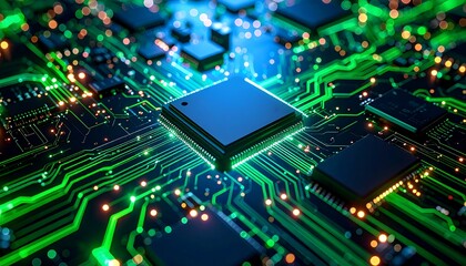 Obraz premium Close-up of glowing circuit board with central processor