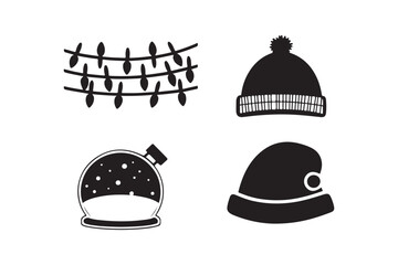 Winter hats and string lights in a simple black and white doodle style