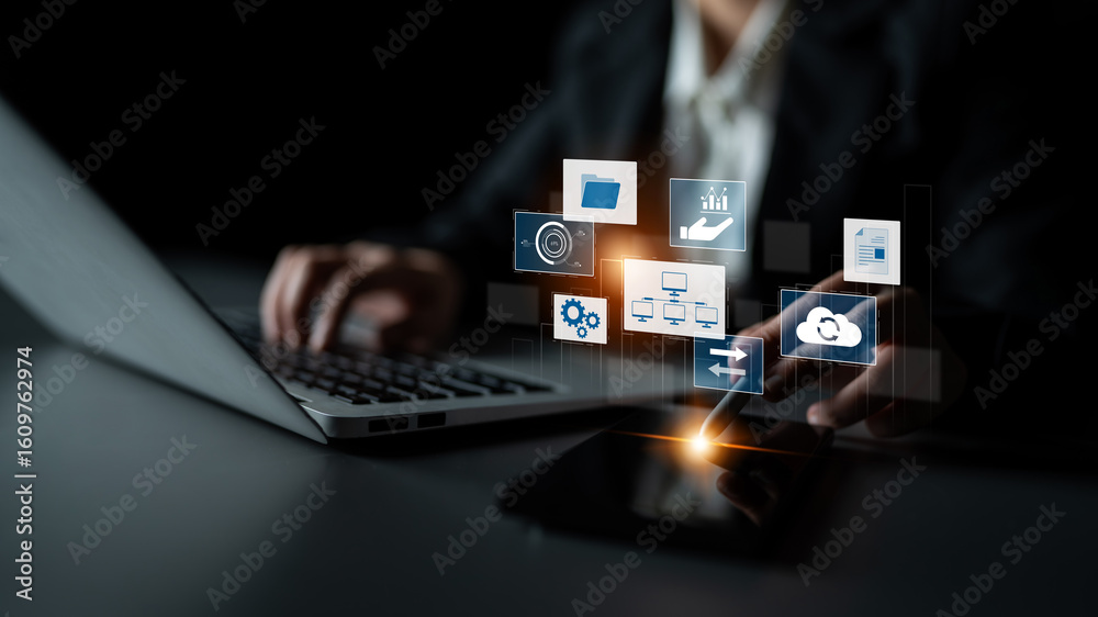 Poster digital business infrastructure with data system, analytics, sync. system management improves access