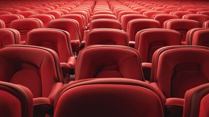 Obraz premium Rows of red cinema or theatre seats arranged neatly against a plain background, evoking a sense of anticipation and readiness for a performance or film.