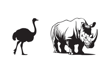 Silhouette of an ostrich next to a detailed drawing of a rhinoceros