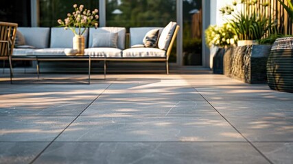 A cozy outdoor living space with a couch and table