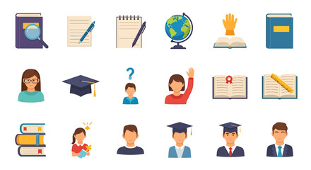 Vector Icons Set of A colorful collection of flat design education icons This set includes students graduates books a globe a graduation cap and other schoolrelated learning symbol. EPS Editable
