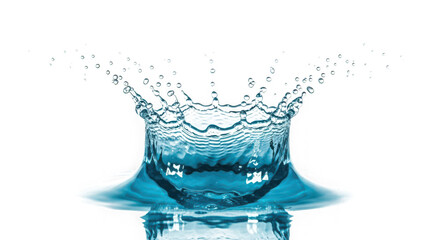 Blue water splash crown shape with droplets against black background