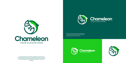 Circular animal logo, chameleon shape, wild nature symbol, vector design template.
