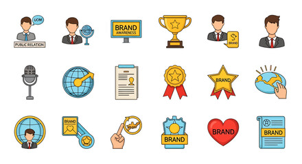Vector Icons Set of A colorful collection of flat design icons representing brand management public relations marketing and business concepts. EPS Editable