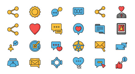 Vector Icons Set of A colorful collection of flat design social media and communication icons This set includes symbols for sharing liking messaging and user profiles in a grid lay. EPS Editable