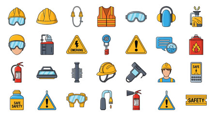 Vector Icons Set of A colorful collection of industrial safety and personal protective equipment icons including hard hats goggles and warning signs. EPS Editable