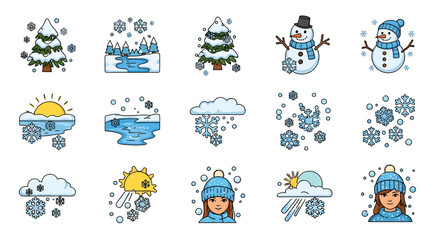 Vector Icons Set of A colorful collection of winterthemed cartoon icons including snowmen trees and weather symbols. EPS Editable