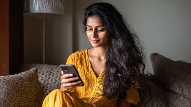Young indian woman holding smart phone using mobile e-bank application calculating accounting bills or paying invoice online in app making financial payments on cellphone sitting on couch at home., n