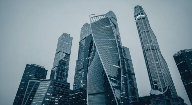 A dramatic view of futuristic skyscrapers in the Moscow International Business Center against a moody sky, representing modern architecture.