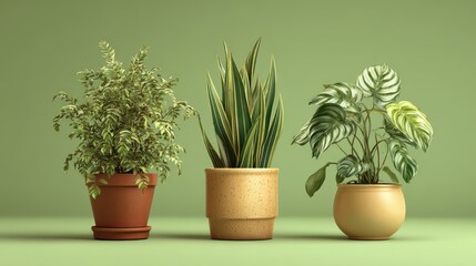 Obraz premium Three potted houseplants against a soft green background.