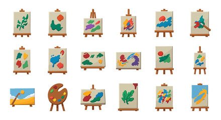 Fototapeta premium Vector Icons Set of A diverse collection of cartoon artist easels each with a canvas featuring colorful abstract paintings and modern art. EPS Editable