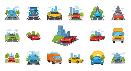 Naklejka premium Vector Icons Set of A diverse collection of cartoon cars and trucks with drivers featuring vintage modern and sports models. EPS Editable