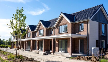 Row of new brick townhouses under construction, sunny day