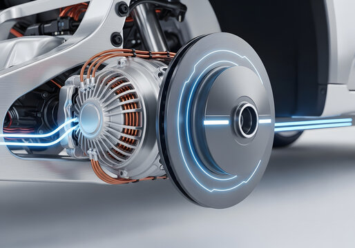 Electric vehicle motor and wheel assembly, showcasing intricate wiring and components.