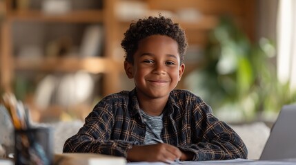 Smiling african american child school boy doing homework while sitting at desk at home. Generative AI
