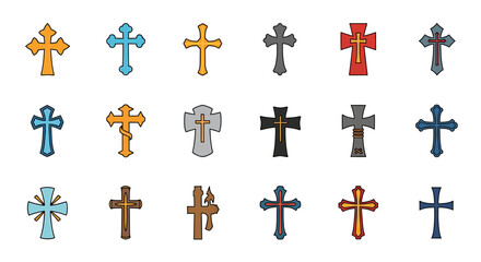 Vector Icons Set of A diverse collection of colorful stylized Christian cross icons with bold outlines and various ornate designs. EPS Editable