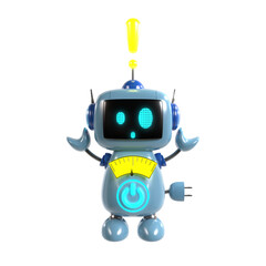 ひらめいたような表情で頭にびっくりマークを浮かべる青いロボットの3Dイラスト
