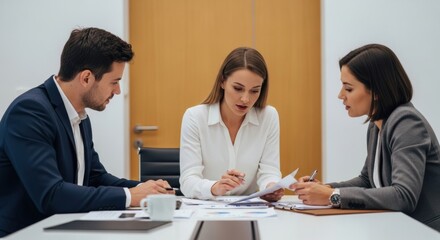 A manager and two female colleagues in a serious meeting, reviewing and discussing business contracts and reports.