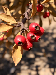 Branch desert quandong fruits small red fruits smooth surface surrounded dry desert leaves sunlight casting shadows on the fruits surface close up with sharp focus on the texture defocused background