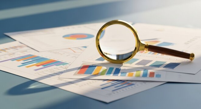 A magnifying glass rests on financial documents with colorful charts, symbolizing data analysis, auditing, and close inspection of business reports.