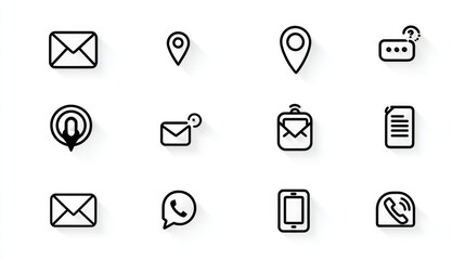 Simple black line icons of envelope, location pin, phone, chat, file, and other symbols
