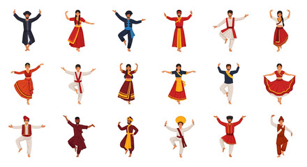 Vector Icons Set of A diverse collection of male and female dancers in colorful traditional costumes performing various folk dance poses. EPS Editable