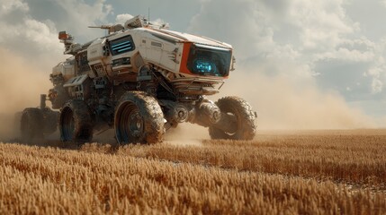 Fototapeta premium A futuristic autonomous farming vehicle, vast farmland with advanced harvesting technology, Agri-tech style