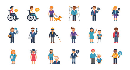 Fototapeta premium Vector Icons Set of A diverse set of flat vector icons showing people with various disabilities including physical sensory and mental health conditions promoting inclusion and acce. EPS Editable