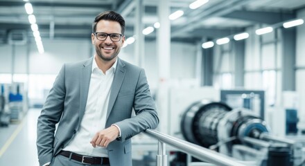 A portrait of a smiling engineer or manager in a suit and glasses, standing confidently in a modern factory. A successful industrial professional.