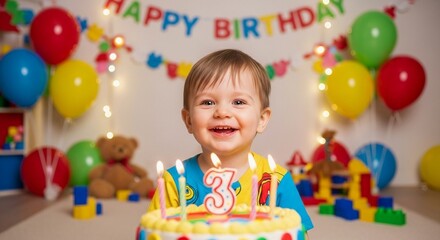 A joyful toddler celebrates his third birthday with a colorful cake and festive decorations.
