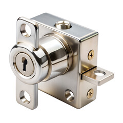 A shiny metal lock mechanism with a keyhole and screws, isolated on transparent background