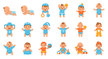 Vector Icons Set of Adorable cartoon baby boy character set showing developmental stages like crawling sitting and standing with happy expressions and various outfits. EPS Editable