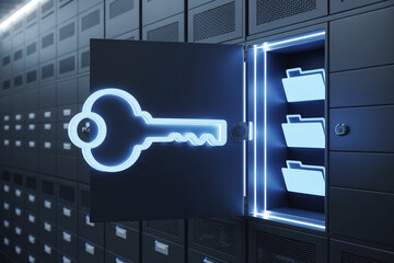 Digital key unlocking secure data storage in futuristic server room