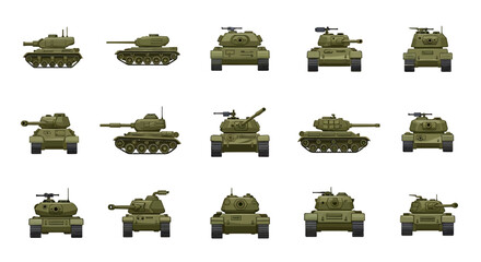 Vector Icons Set of Cartoon military tank collection with various models Green armored vehicles with cannons and machine guns shown from front and side profiles. Vector Illustrations. EPS Editable