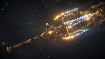 The sacred trident with a glowing tip looks mysterious, floating in the air, it is a sacred weapon design.