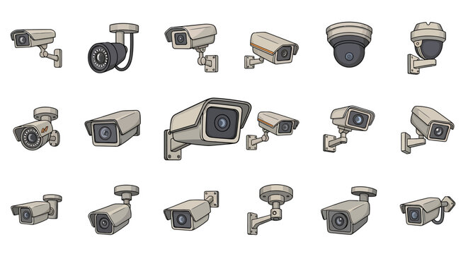 Vector Icons Set of Cartoon vector illustration set of various CCTV security cameras Collection of surveillance equipment including dome bullet and turret models. Vector Illustrations. EPS Editable
