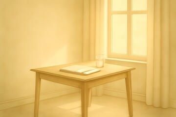 Minimalist Writing Desk by Sunlit Window with Notebook and Glass of Water — Watercolor Printable Decor