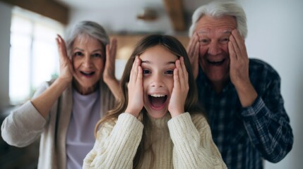 Grandparents and granddaughter playing hide and seek at home