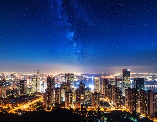 Cityscape at night under a starry sky with a vibrant milky way